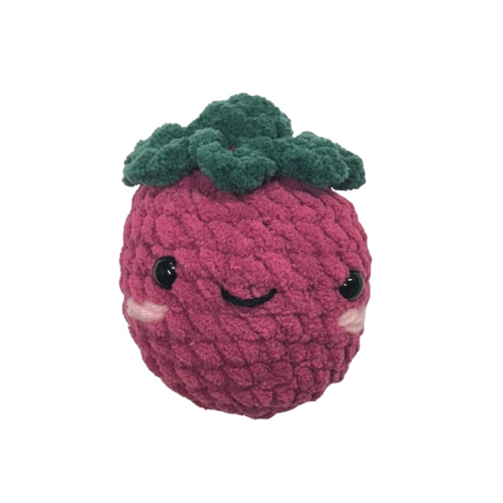 100% handmade crochet raspberry plush stuffy filled with poly-fil stuffing.